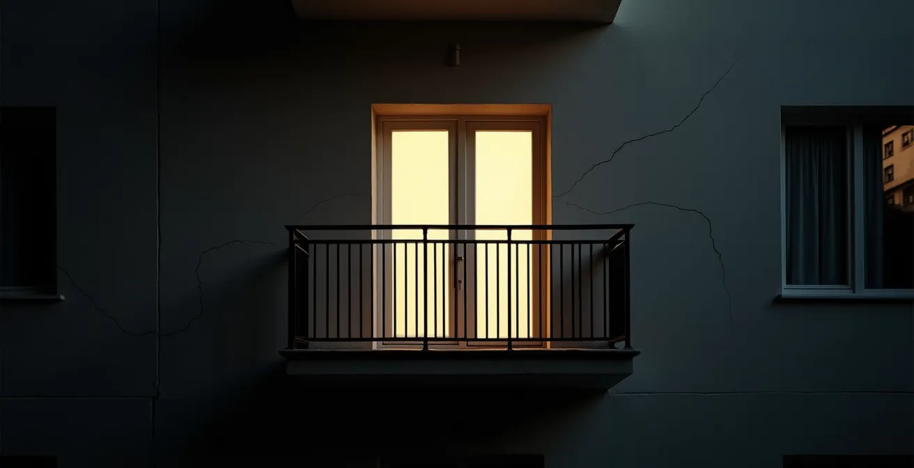 Vue symbolique d’un balcon avec un jeu de lumières montrant fissures marquées et zones d’usure
