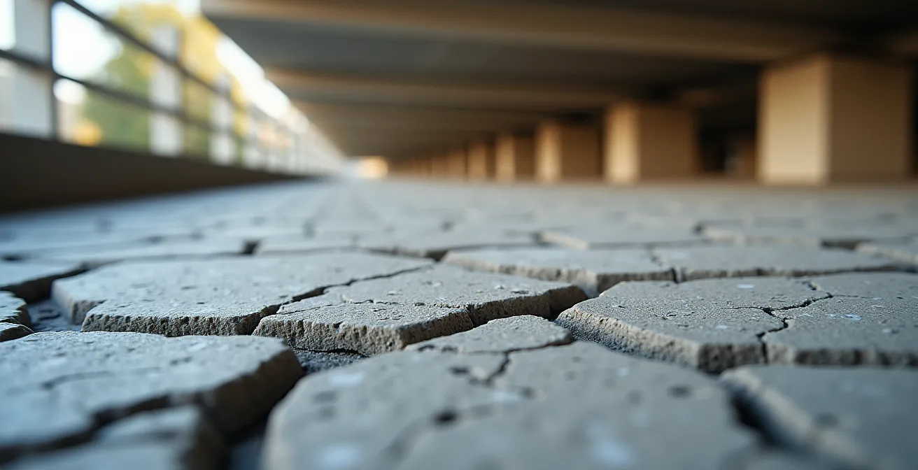 Gros plan sur la texture craquelée et fissurée du dessous d’un balcon en béton, lumière naturelle douce