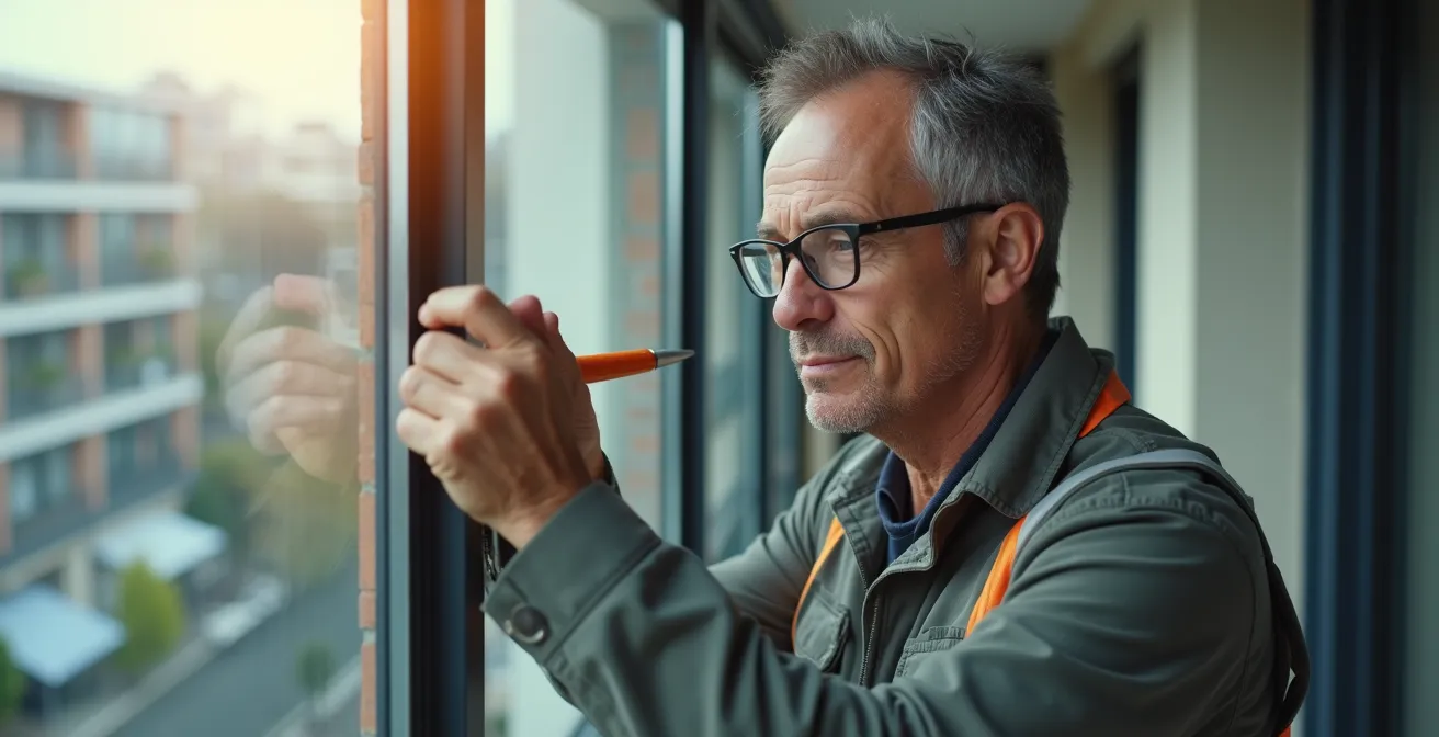 Photo d’un expert inspectant un balcon avec outils, en extérieur, lumière naturelle