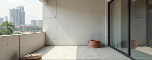 Photo réaliste d'un balcon en rénovation avec des matériaux en cours d'application, lumière naturelle douce, ambiance professionnelle et propre, sans texte visible ni logo