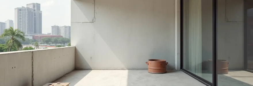 Photo réaliste d'un balcon en rénovation avec des matériaux en cours d'application, lumière naturelle douce, ambiance professionnelle et propre, sans texte visible ni logo