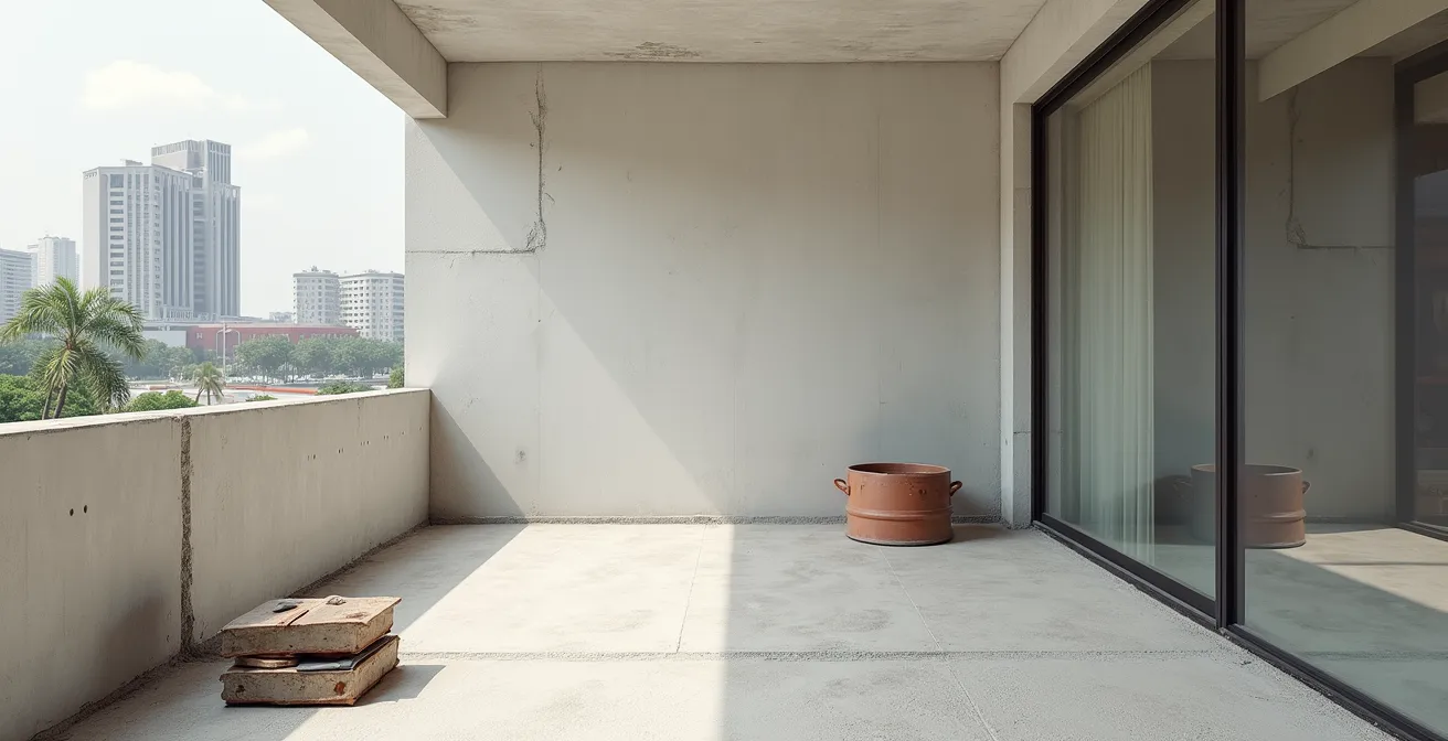 Photo réaliste d'un balcon en rénovation avec des matériaux en cours d'application, lumière naturelle douce, ambiance professionnelle et propre, sans texte visible ni logo
