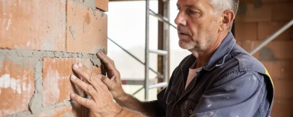 Artisan maçon inspectant un mur en briques sur un chantier de rénovation à Blagnac
