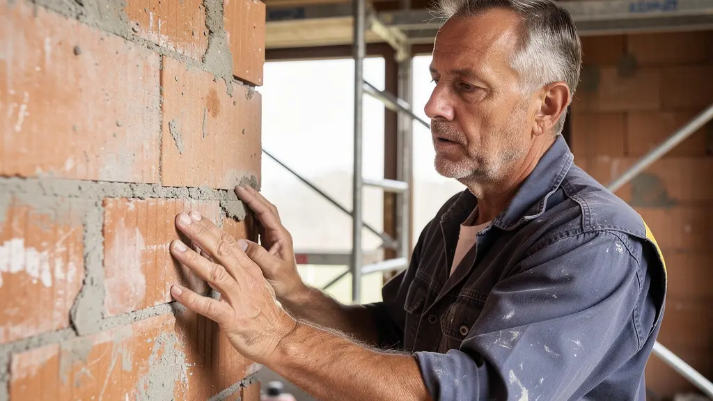 Artisan maçon inspectant un mur en briques sur un chantier de rénovation à Blagnac