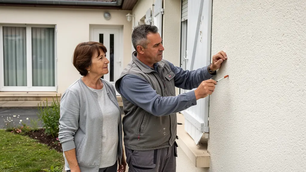 Propriétaire et artisan discutant devant une façade de maison à rénover