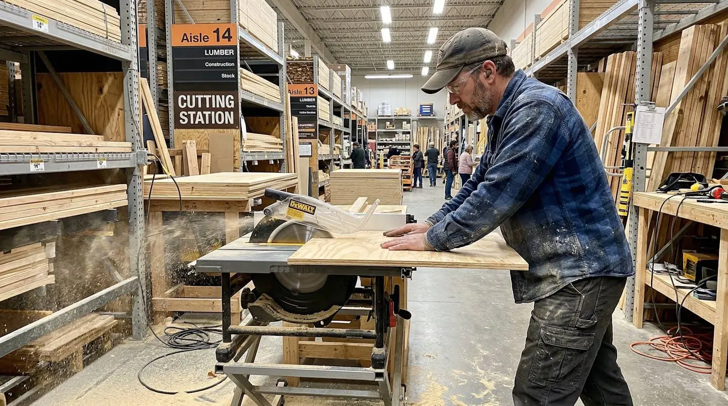 Un artisan en tenue de travail utilise une scie sur table dans l'espace libre-service d'un magasin de matériaux, copeaux visibles au sol