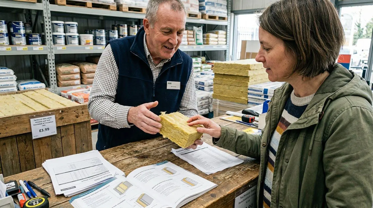 Un conseiller en magasin de matériaux montre un échantillon d'isolant à un client devant un comptoir avec documentation technique