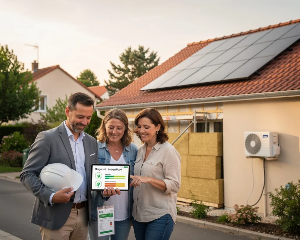 Un couple discute avec une femme de panneaux solaires Un couple discute avec une femme de panneaux solaires