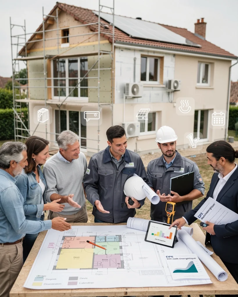 Plusieurs personnes dont le maitre de chantier sont réunies autour de plan de maison pour discuter rénovation Plusieurs personnes dont le maitre de chantier sont réunies autour de plan de maison pour discuter rénovation