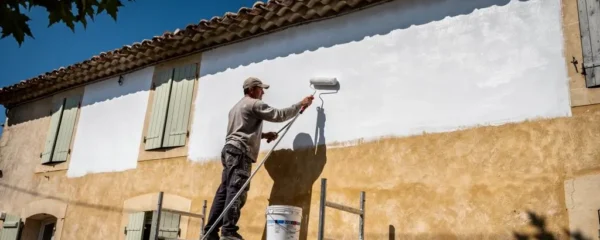 Un artisan peintre applique une peinture thermo-réflective blanche au rouleau sur la façade d'une maison provençale ensoleillée.