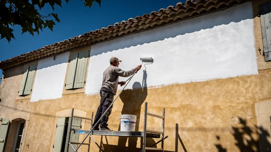 Un artisan peintre applique une peinture thermo-réflective blanche au rouleau sur la façade d'une maison provençale ensoleillée.