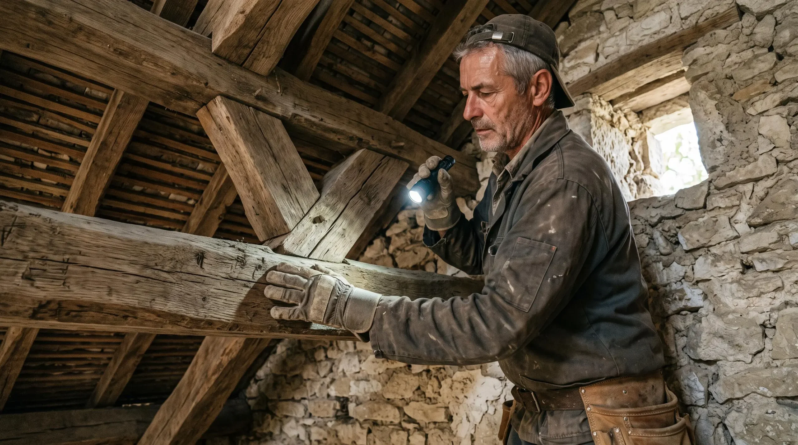 Un charpentier inspectant la jonction entre une charpente en chêne ancienne et le mur en pierre d'une bastide.