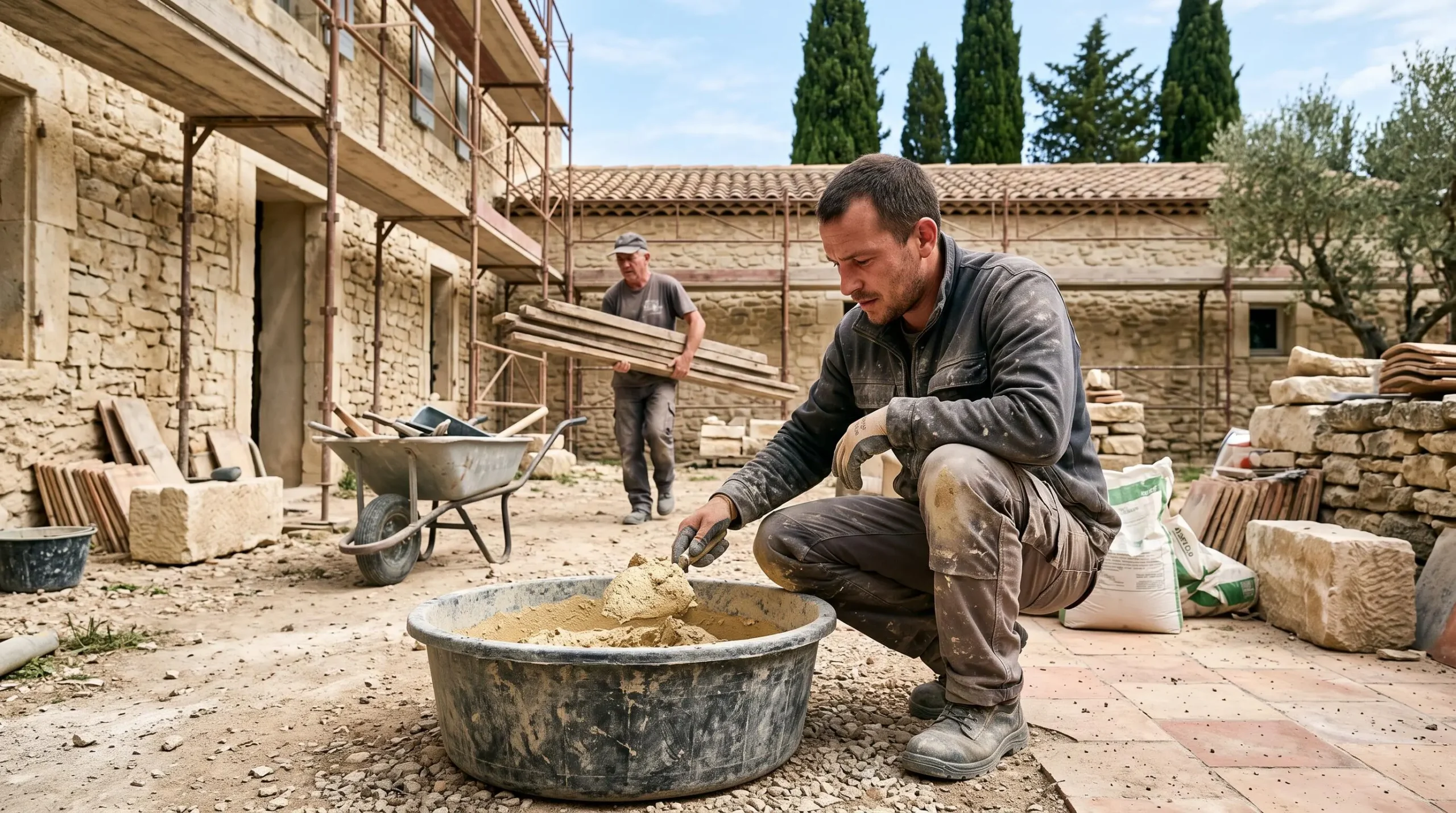 Deux maçons préparant du mortier de chaux dans la cour d'une bastide en pierre en cours de rénovation.