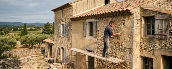 Un maçon appliquant un enduit à la chaux sur le mur en pierre d'un mas provençal en rénovation.
