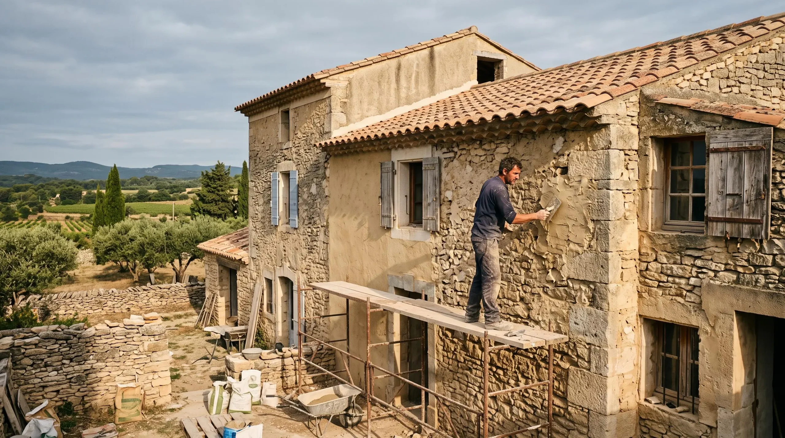 Un maçon appliquant un enduit à la chaux sur le mur en pierre d'un mas provençal en rénovation.