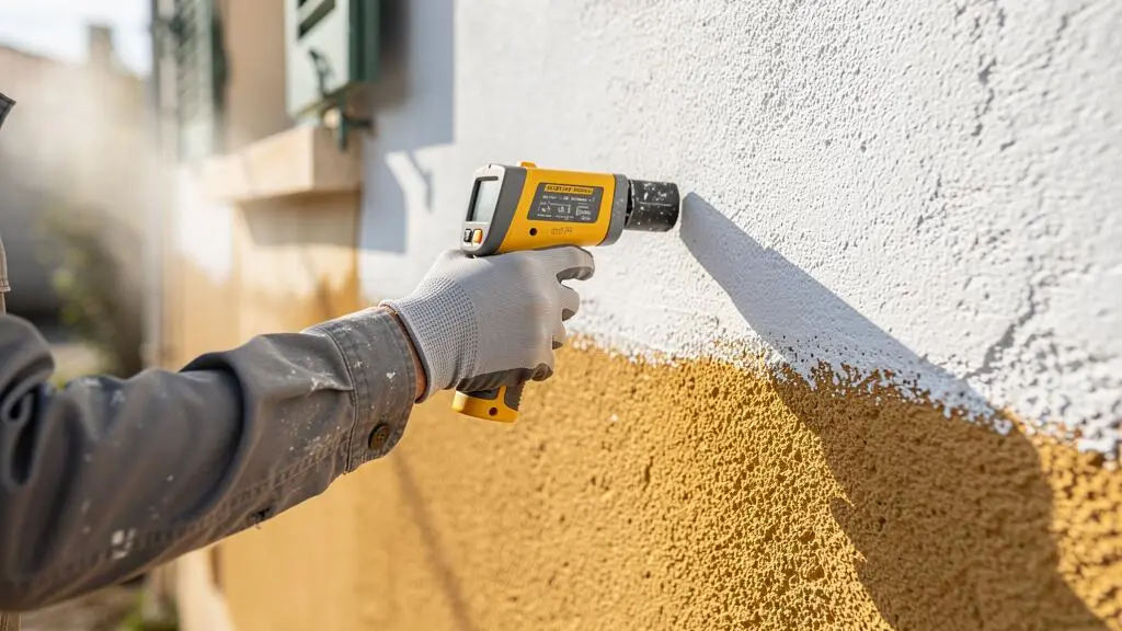 La main gantée d'un artisan mesure la température d'une surface de façade avec un thermomètre infrarouge, à la frontière entre peinture neuve et revêtement d'origine.