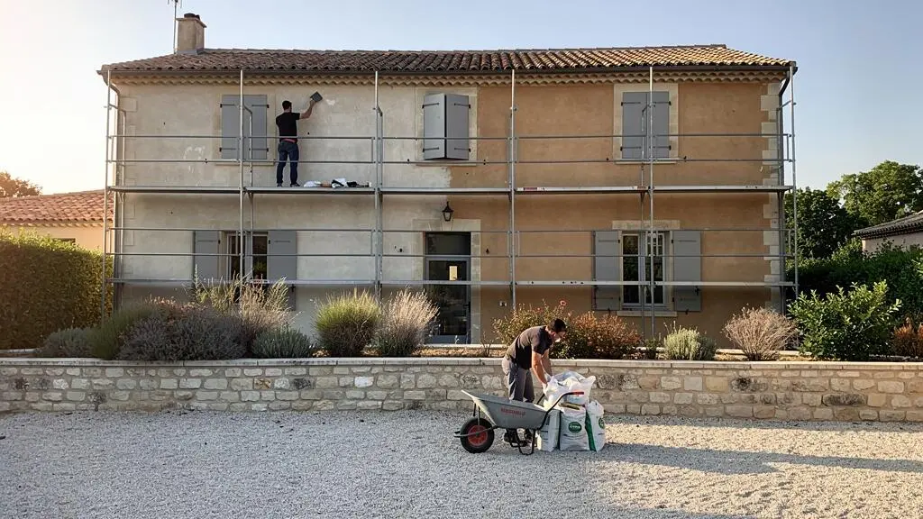 Deux artisans travaillent sur l'échafaudage entourant la façade d'une maison en ravalement dans un quartier résidentiel du sud de la France.